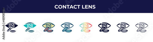contact lens icon in 8 styles. line, filled, glyph, thin outline, colorful, stroke and gradient styles, contact lens vector sign. symbol, logo illustration. different style icons set.