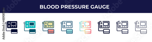 blood pressure gauge icon in 8 styles. line, filled, glyph, thin outline, colorful, stroke and gradient styles, blood pressure gauge vector sign. symbol, logo illustration. different style icons