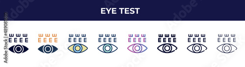 eye test icon in 8 styles. line, filled, glyph, thin outline, colorful, stroke and gradient styles, eye test vector sign. symbol, logo illustration. different style icons set.