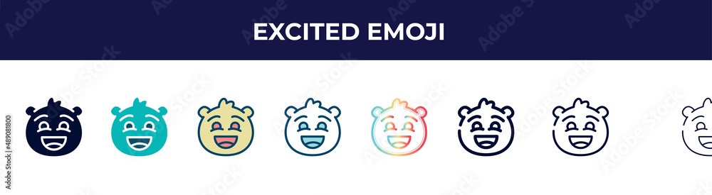 excited emoji icon in 8 styles. line, filled, glyph, thin outline, colorful, stroke and gradient styles, excited emoji vector sign. symbol, logo illustration. different style icons set.