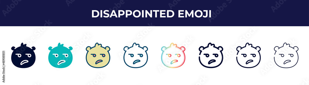 disappointed emoji icon in 8 styles. line, filled, glyph, thin outline, colorful, stroke and gradient styles, disappointed emoji vector sign. symbol, logo illustration. different style icons set. disappointed emoji icon in 8 styles. line, filled, glyph, thin outline, colorful, stroke and gradient styles, disappointed emoji vector sign. symbol, logo illustration. different style icons set.