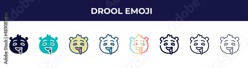 drool emoji icon in 8 styles. line, filled, glyph, thin outline, colorful, stroke and gradient styles, drool emoji vector sign. symbol, logo illustration. different style icons set.