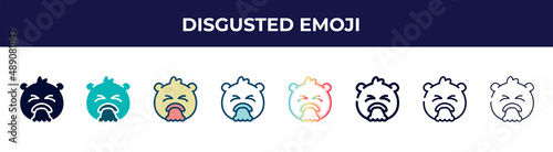 disgusted emoji icon in 8 styles. line, filled, glyph, thin outline, colorful, stroke and gradient styles, disgusted emoji vector sign. symbol, logo illustration. different style icons set.