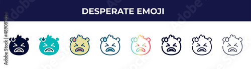 desperate emoji icon in 8 styles. line, filled, glyph, thin outline, colorful, stroke and gradient styles, desperate emoji vector sign. symbol, logo illustration. different style icons set.