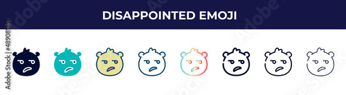 disappointed emoji icon in 8 styles. line, filled, glyph, thin outline, colorful, stroke and gradient styles, disappointed emoji vector sign. symbol, logo illustration. different style icons set.