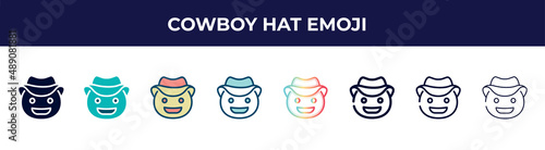 cowboy hat emoji icon in 8 styles. line, filled, glyph, thin outline, colorful, stroke and gradient styles, cowboy hat emoji vector sign. symbol, logo illustration. different style icons set.
