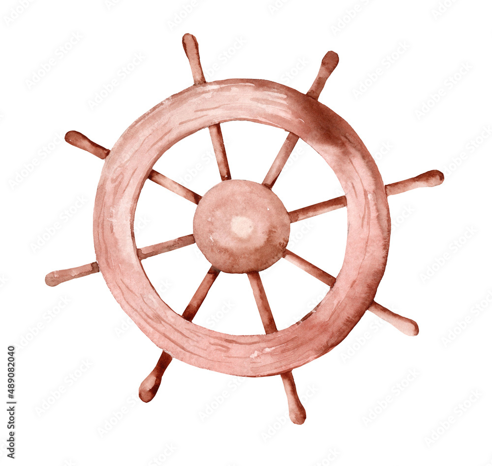 Wooden steering wheel isolated on white background. Hand drawn watercolor. Ocean, sea. Summer rest. Ship, yacht