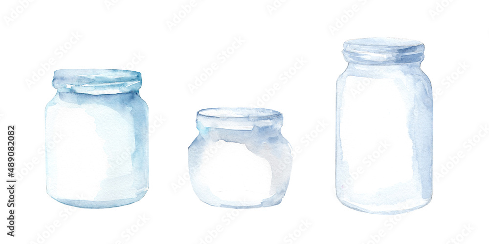 Watercolor glass jars isolated on white background. Empty storage containers.