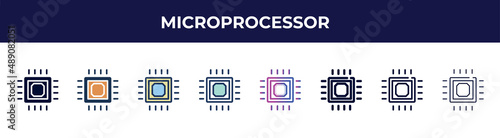 microprocessor icon in 8 styles. line, filled, glyph, thin outline, colorful, stroke and gradient styles, microprocessor vector sign. symbol, logo illustration. different style icons set.