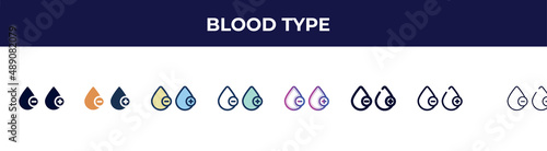 blood type icon in 8 styles. line, filled, glyph, thin outline, colorful, stroke and gradient styles, blood type vector sign. symbol, logo illustration. different style icons set.