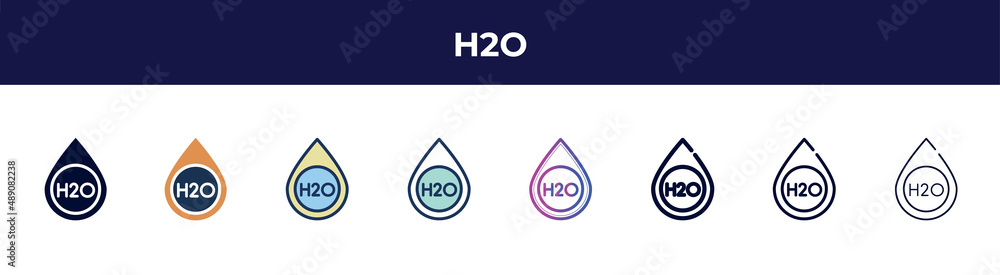 h2o icon in 8 styles. line, filled, glyph, thin outline, colorful, stroke and gradient styles, h2o vector sign. symbol, logo illustration. different style icons set. h2o icon in 8 styles. line, filled, glyph, thin outline, colorful, stroke and gradient styles, h2o vector sign. symbol, logo illustration. different style icons set.