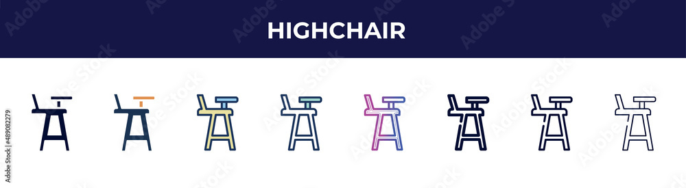 highchair icon in 8 styles. line, filled, glyph, thin outline, colorful, stroke and gradient styles, highchair vector sign. symbol, logo illustration. different style icons set. highchair icon in 8 styles. line, filled, glyph, thin outline, colorful, stroke and gradient styles, highchair vector sign. symbol, logo illustration. different style icons set.