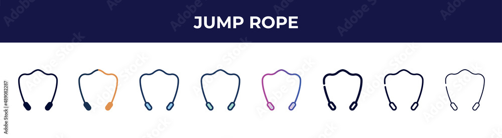 Obraz premium jump rope icon in 8 styles. line, filled, glyph, thin outline, colorful, stroke and gradient styles, jump rope vector sign. symbol, logo illustration. different style icons set.