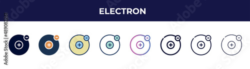 electron icon in 8 styles. line, filled, glyph, thin outline, colorful, stroke and gradient styles, electron vector sign. symbol, logo illustration. different style icons set.