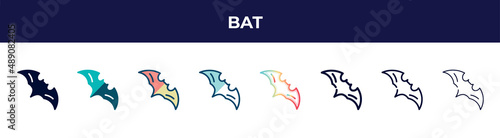 bat icon in 8 styles. line, filled, glyph, thin outline, colorful, stroke and gradient styles, bat vector sign. symbol, logo illustration. different style icons set.