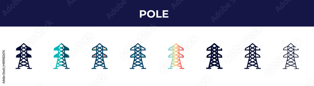 pole icon in 8 styles. line, filled, glyph, thin outline, colorful, stroke and gradient styles, pole vector sign. symbol, logo illustration. different style icons set.