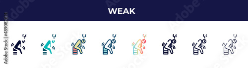 weak icon in 8 styles. line, filled, glyph, thin outline, colorful, stroke and gradient styles, weak vector sign. symbol, logo illustration. different style icons set.