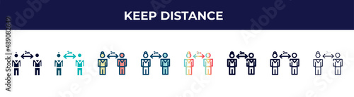 keep distance icon in 8 styles. line, filled, glyph, thin outline, colorful, stroke and gradient styles, keep distance vector sign. symbol, logo illustration. different style icons set.