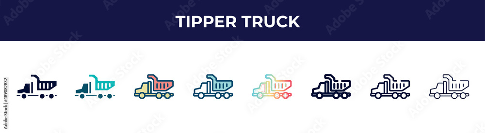 Fototapeta premium tipper truck icon in 8 styles. line, filled, glyph, thin outline, colorful, stroke and gradient styles, tipper truck vector sign. symbol, logo illustration. different style icons set.