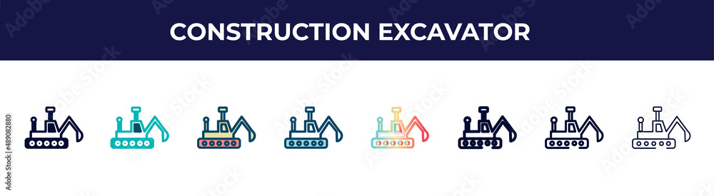 construction excavator icon in 8 styles. line, filled, glyph, thin outline, colorful, stroke and gradient styles, construction excavator vector sign. symbol, logo illustration. different style icons construction excavator icon in 8 styles. line, filled, glyph, thin outline, colorful, stroke and gradient styles, construction excavator vector sign. symbol, logo illustration. different style icons