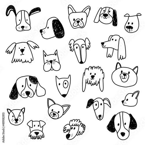 Set of dogs heads in cartoon style. Black linear sketch style for kids apparel and other funny design. Cute caracters puppy
