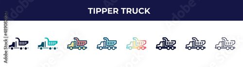 tipper truck icon in 8 styles. line, filled, glyph, thin outline, colorful, stroke and gradient styles, tipper truck vector sign. symbol, logo illustration. different style icons set.