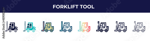 forklift tool icon in 8 styles. line, filled, glyph, thin outline, colorful, stroke and gradient styles, forklift tool vector sign. symbol, logo illustration. different style icons set.