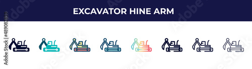 excavator hine arm icon in 8 styles. line, filled, glyph, thin outline, colorful, stroke and gradient styles, excavator hine arm vector sign. symbol, logo illustration. different style icons set.