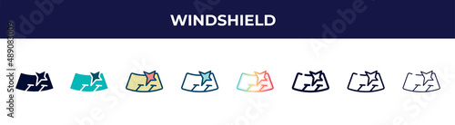 windshield icon in 8 styles. line, filled, glyph, thin outline, colorful, stroke and gradient styles, windshield vector sign. symbol, logo illustration. different style icons set.