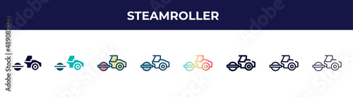 steamroller icon in 8 styles. line, filled, glyph, thin outline, colorful, stroke and gradient styles, steamroller vector sign. symbol, logo illustration. different style icons set.