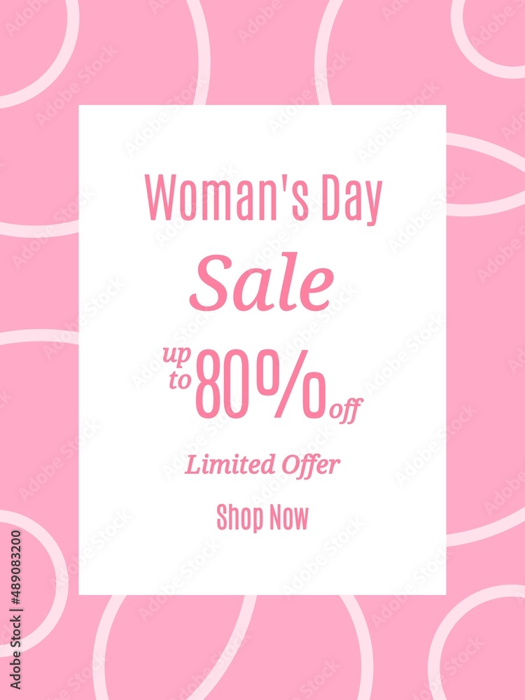 Women's Day sale up to 80%off. Special discount banner. Eighty percent off. Pink Background . Limited offer. Shop Now.
