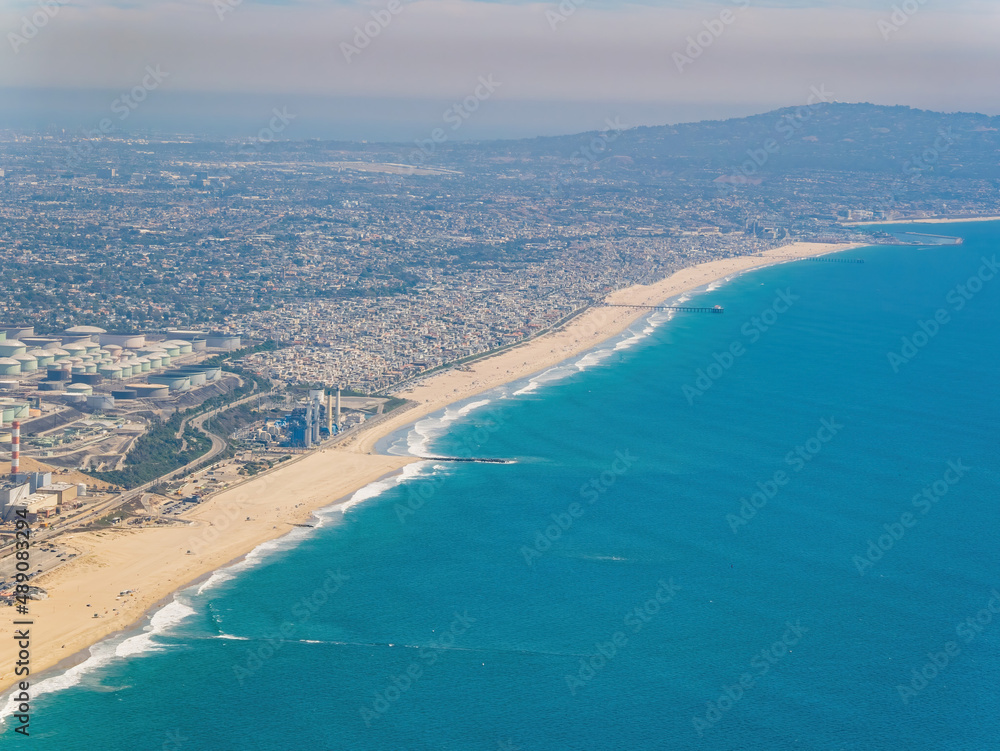 Aerial view of the El Segundo Beach and downtown area