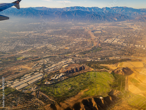 Aerial view of Rose Hills Mortuary from window seat in an airplane photo