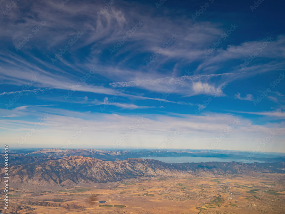 Aerial view of the Lake Tahoe area and Gardnerville cityscape