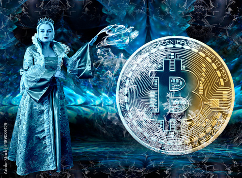 Crypto winter. Beautiful woman in the image of the Snow Queen and cryptocurrency Bitcoin