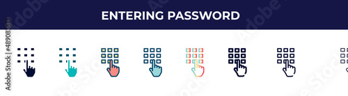 entering password icon in 8 styles. line, filled, glyph, thin outline, colorful, stroke and gradient styles, entering password vector sign. symbol, logo illustration. different style icons set.