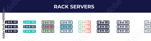 rack servers icon in 8 styles. line, filled, glyph, thin outline, colorful, stroke and gradient styles, rack servers vector sign. symbol, logo illustration. different style icons set.
