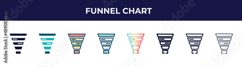 funnel chart icon in 8 styles. line, filled, glyph, thin outline, colorful, stroke and gradient styles, funnel chart vector sign. symbol, logo illustration. different style icons set.