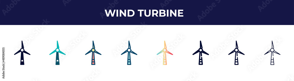 wind turbine icon in 8 styles. line, filled, glyph, thin outline, colorful, stroke and gradient styles, wind turbine vector sign. symbol, logo illustration. different style icons set.