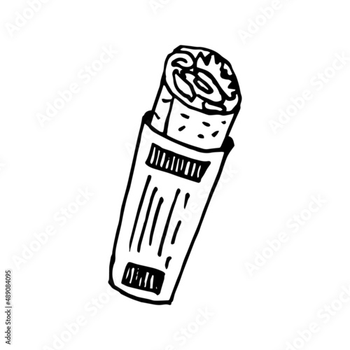 Shawarma or burrito vector illustration. Fast food meatloaf and vegetables in paper packaging