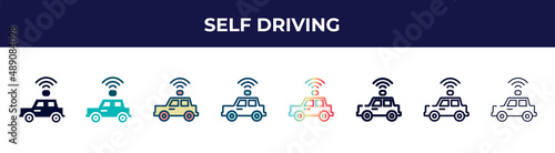 self driving icon in 8 styles. line, filled, glyph, thin outline, colorful, stroke and gradient styles, self driving vector sign. symbol, logo illustration. different style icons set.