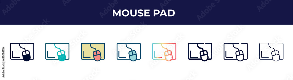 mouse pad icon in 8 styles. line, filled, glyph, thin outline, colorful, stroke and gradient styles, mouse pad vector sign. symbol, logo illustration. different style icons set.