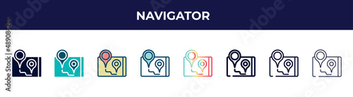 navigator icon in 8 styles. line, filled, glyph, thin outline, colorful, stroke and gradient styles, navigator vector sign. symbol, logo illustration. different style icons set.
