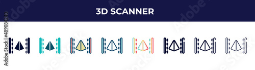 3d scanner icon in 8 styles. line, filled, glyph, thin outline, colorful, stroke and gradient styles, 3d scanner vector sign. symbol, logo illustration. different style icons set.