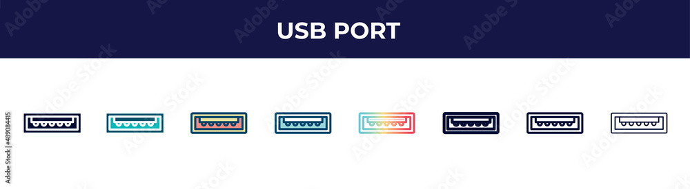 usb port icon in 8 styles. line, filled, glyph, thin outline, colorful, stroke and gradient styles, usb port vector sign. symbol, logo illustration. different style icons set.