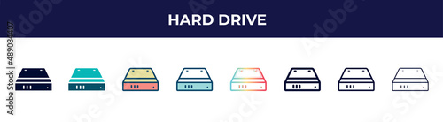 hard drive icon in 8 styles. line, filled, glyph, thin outline, colorful, stroke and gradient styles, hard drive vector sign. symbol, logo illustration. different style icons set.