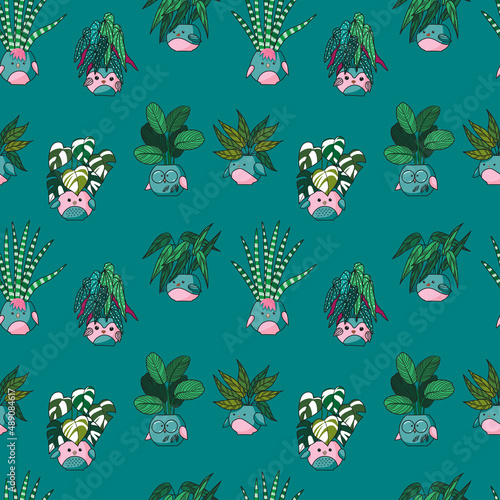 Pattern with flowers in pots in the form of cute birds on an isolated background. Vector image. Botanical ornament for fabric, clothing, wallpaper, wrapping paper, stationery. 