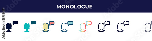 monologue icon in 8 styles. line, filled, glyph, thin outline, colorful, stroke and gradient styles, monologue vector sign. symbol, logo illustration. different style icons set.