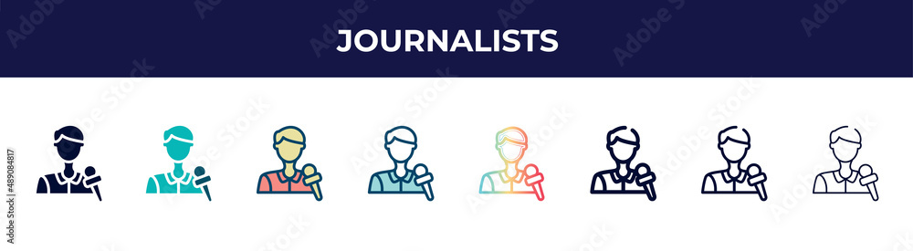 journalists icon in 8 styles. line, filled, glyph, thin outline, colorful, stroke and gradient styles, journalists vector sign. symbol, logo illustration. different style icons set. journalists icon in 8 styles. line, filled, glyph, thin outline, colorful, stroke and gradient styles, journalists vector sign. symbol, logo illustration. different style icons set.