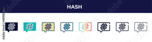 hash icon in 8 styles. line, filled, glyph, thin outline, colorful, stroke and gradient styles, hash vector sign. symbol, logo illustration. different style icons set.